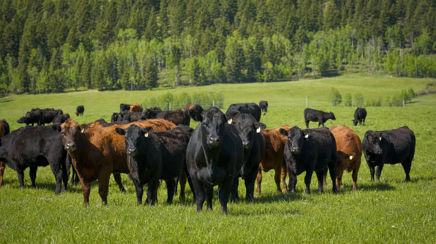 A herd of beef cattle in a green pasture