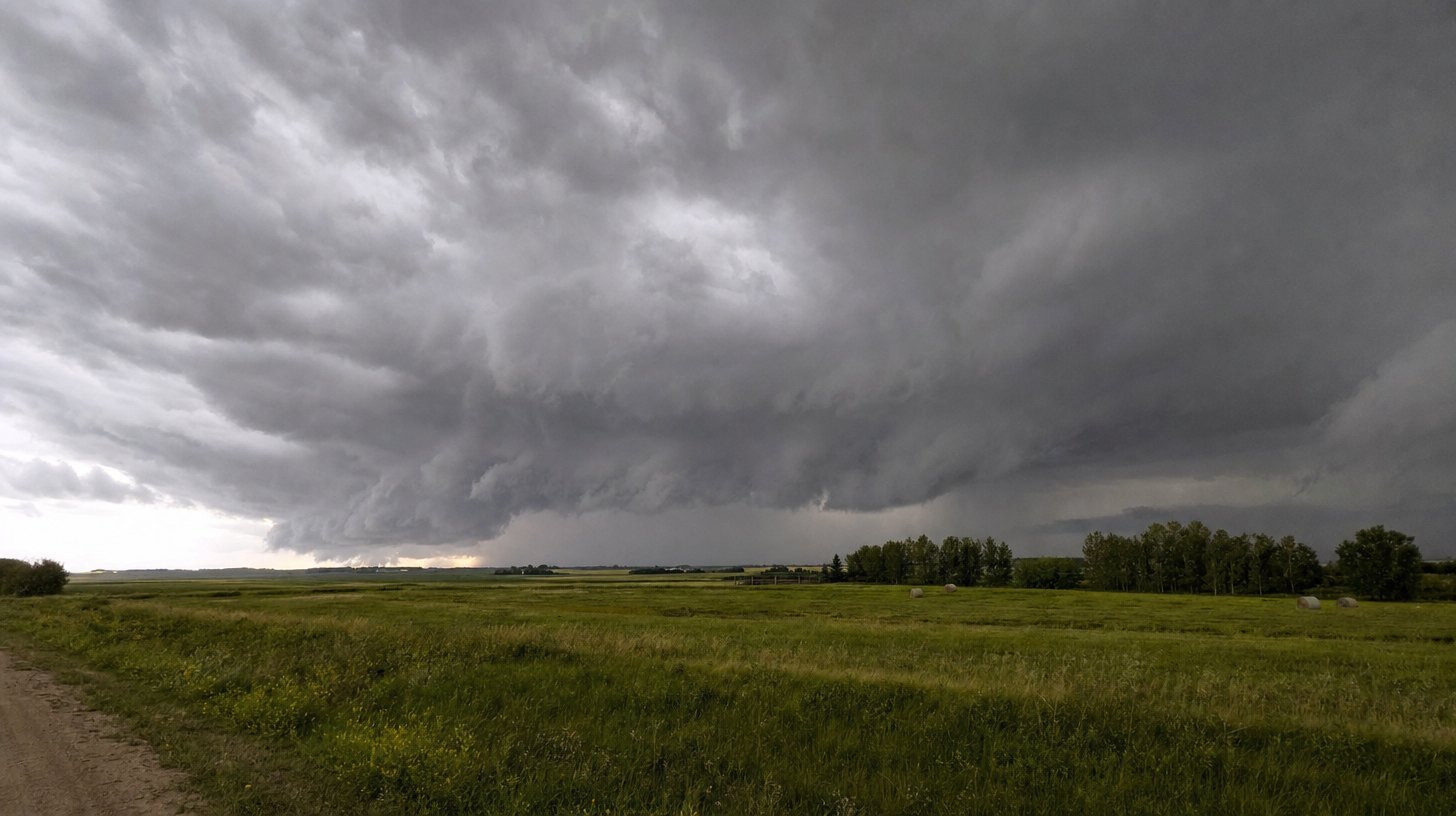 Dark storm clouds gathering over a green Alberta farm field