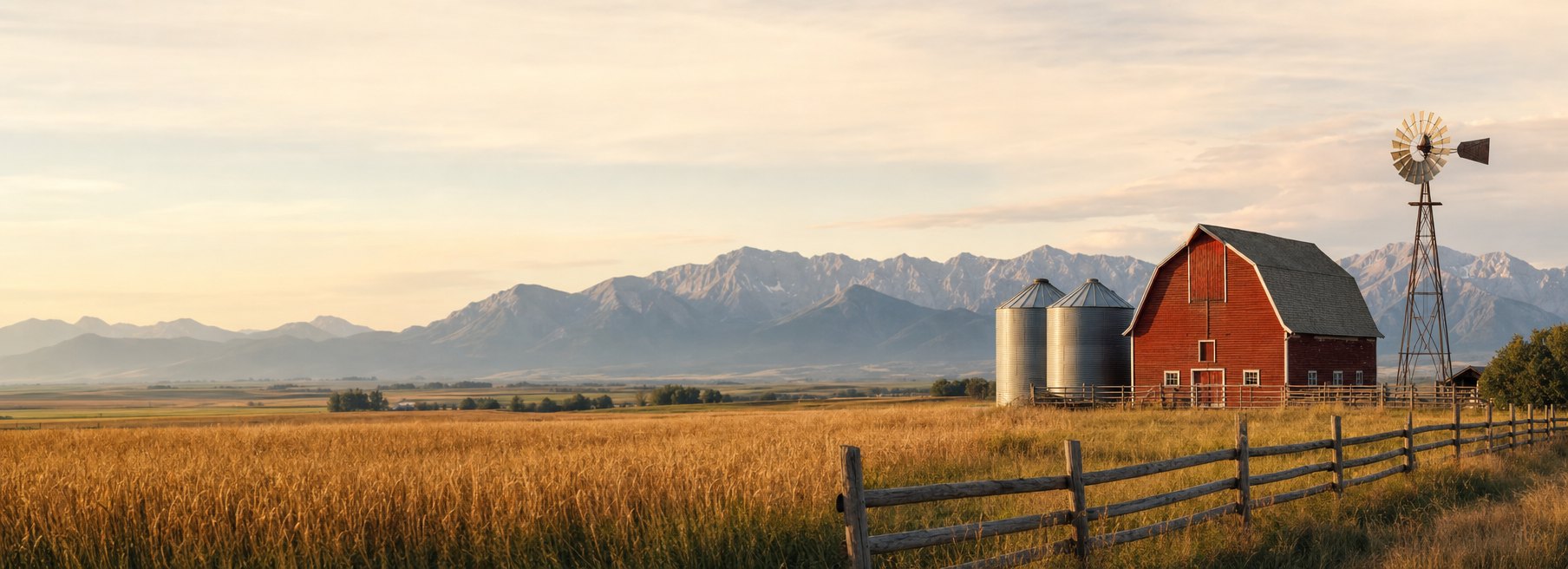 A red Alberta barn with grain silos and a windmill in a golden wheat field with the Rocky Mountains behind A red Alberta barn with grain silos and a windmill in a golden wheat field with the Rocky Mountains behind