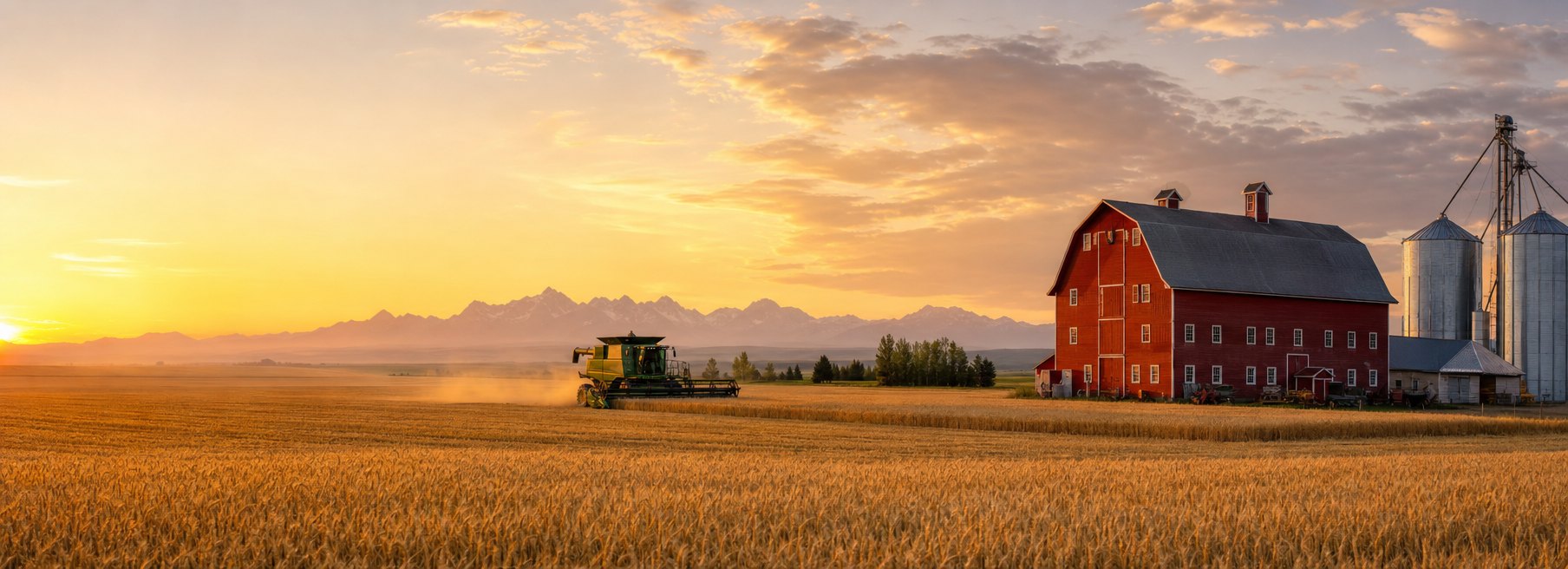 A red Alberta barn with grain silos and a combine harvesting a golden wheat field at sunset, mountains on the horizon A red Alberta barn with grain silos and a combine harvesting a golden wheat field at sunset, mountains on the horizon