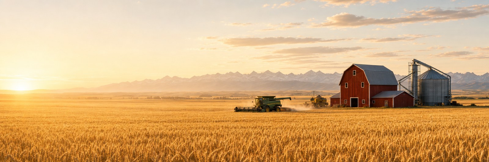 Golden Alberta wheat field with a red barn, grain silos and combine harvesters at sunset