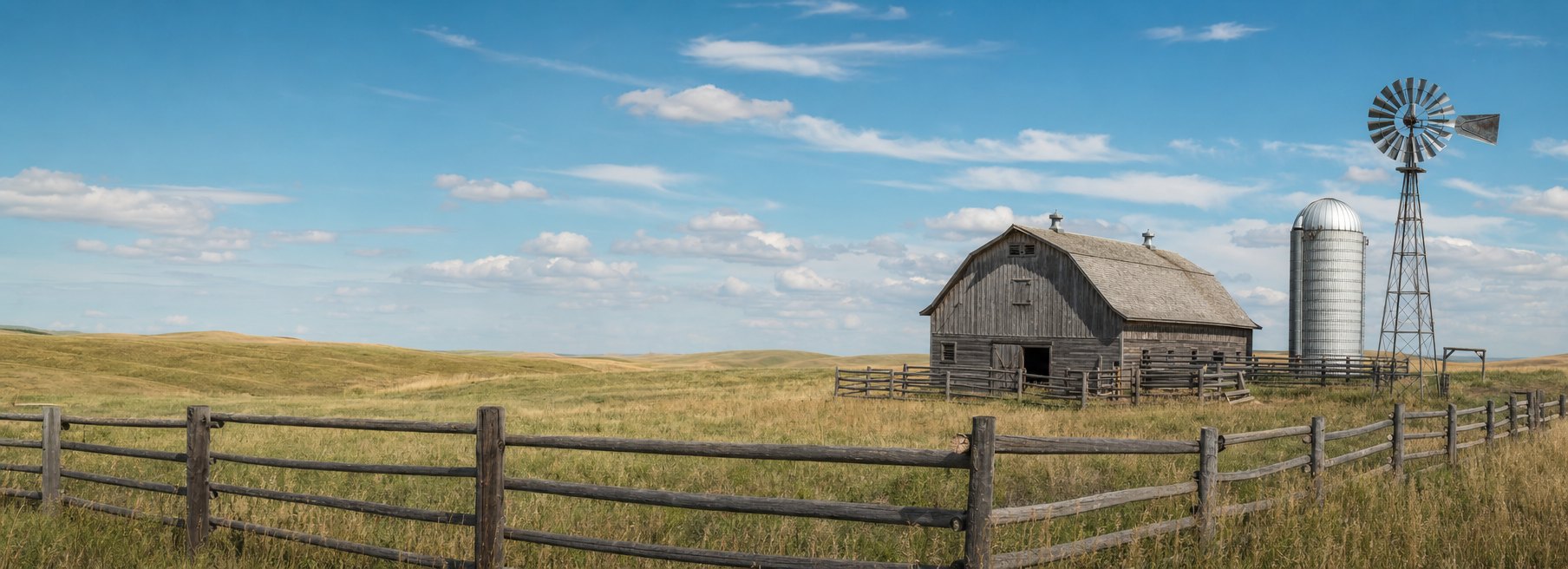 A grey wooden barn with a grain silo and windmill on rolling Alberta grassland under a blue sky A grey wooden barn with a grain silo and windmill on rolling Alberta grassland under a blue sky