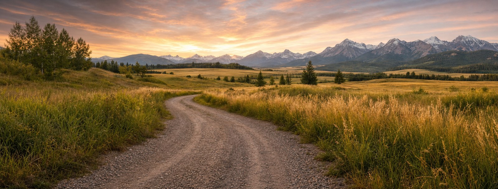 A country road curving through prairie fields toward the mountains at sunset