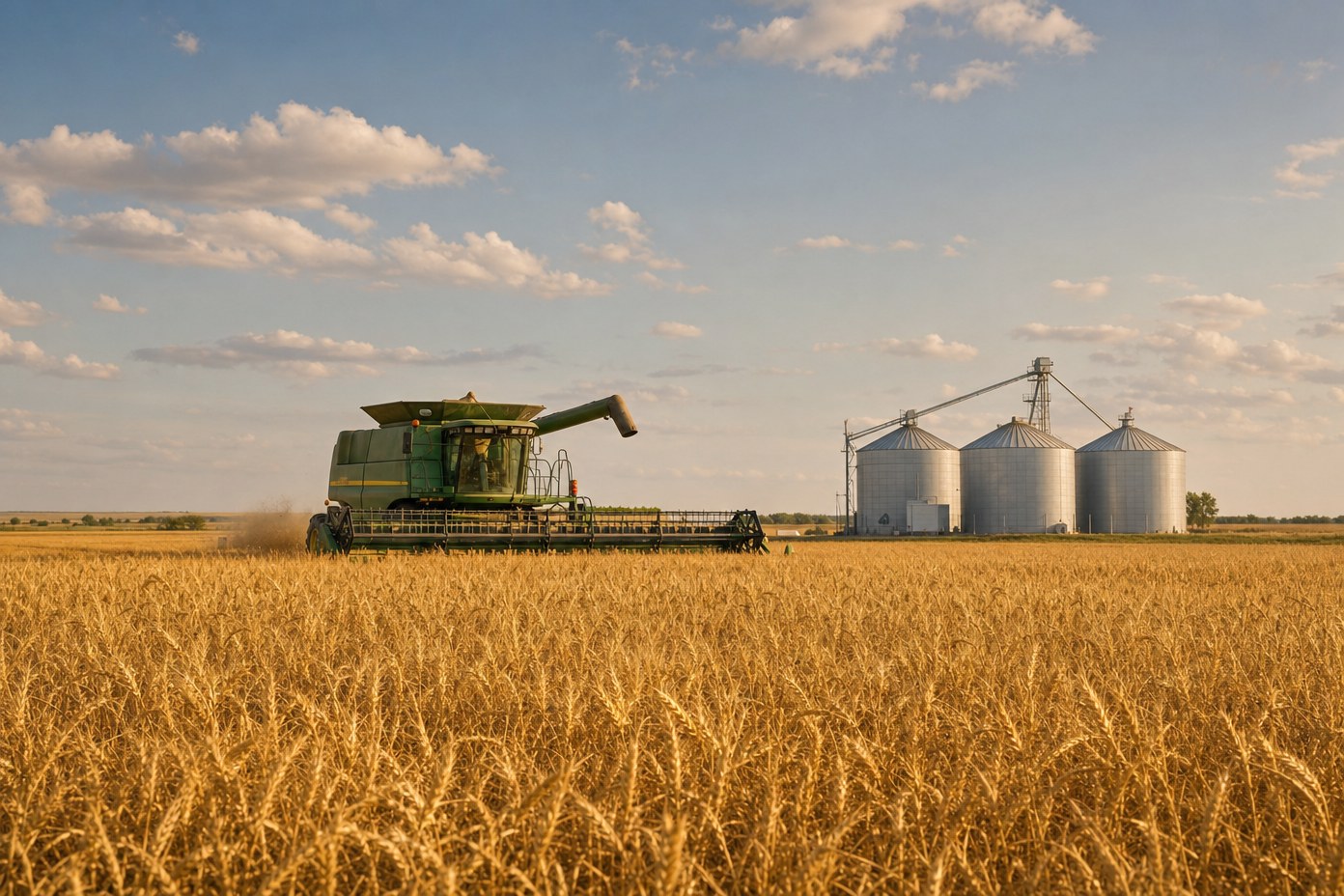 Combine harvester and grain silos at harvest