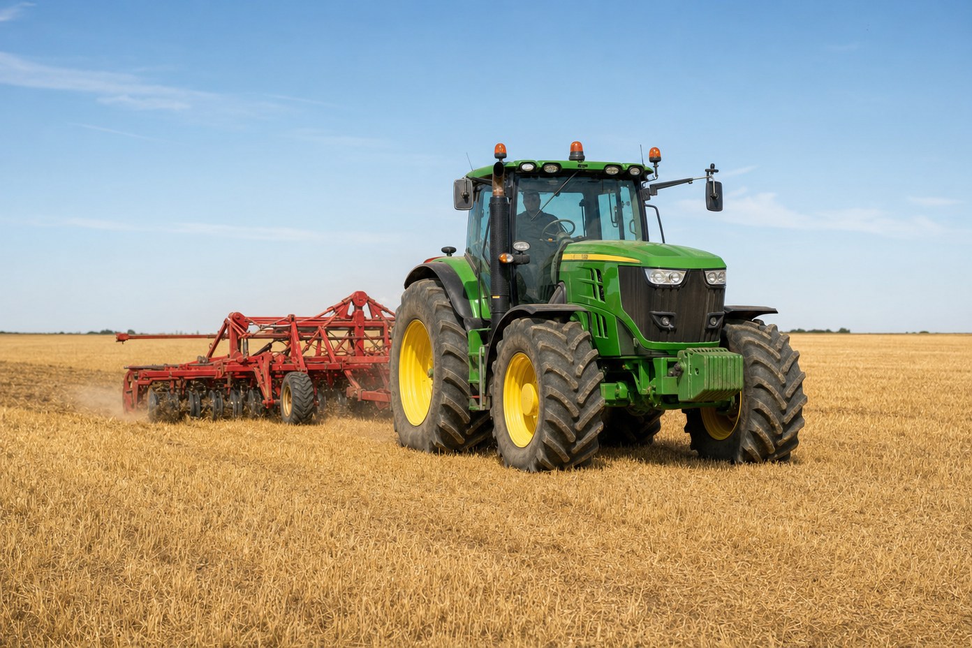 Green tractor pulling a red implement across a field Green tractor pulling a red implement across a field