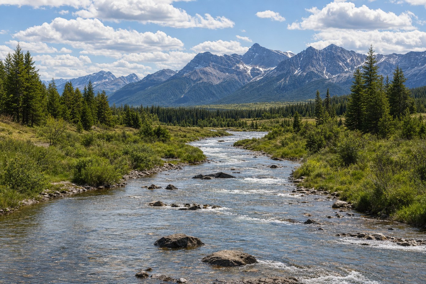 A clear river winding through ranchland with mountains on the horizon A clear river winding through ranchland with mountains on the horizon