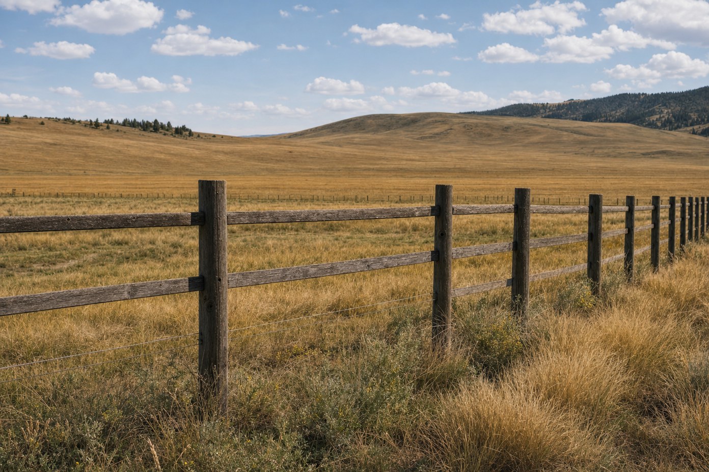A wooden and wire fence bordering open grassland A wooden and wire fence bordering open grassland