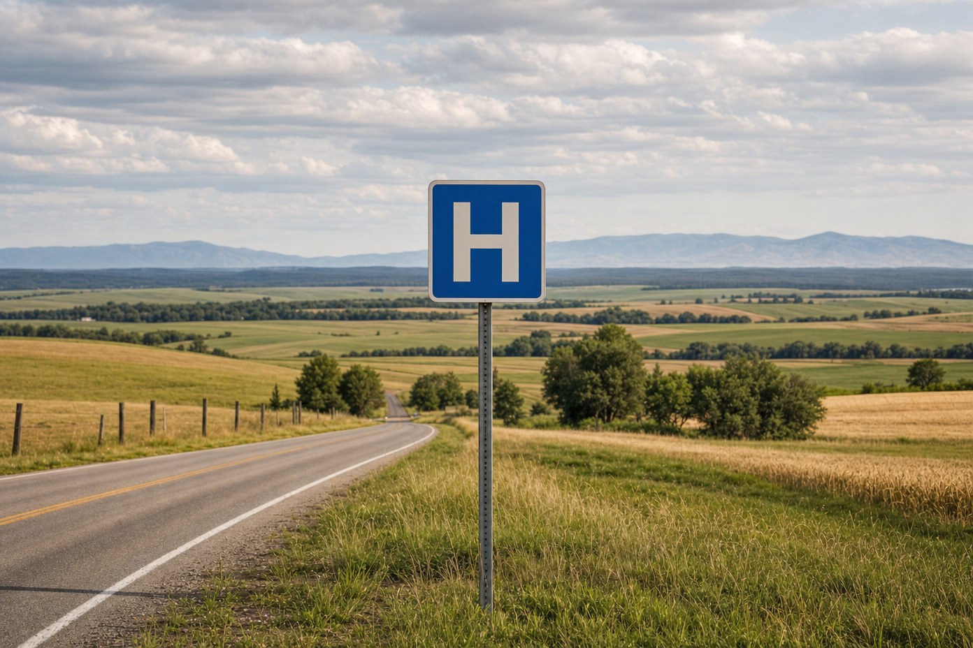 A rural hospital road sign on a country highway
