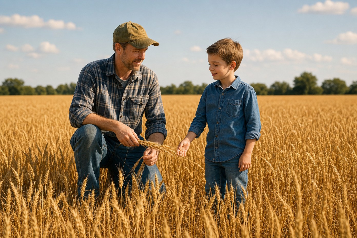 A farmer and child walking in a field A farmer and child walking in a field