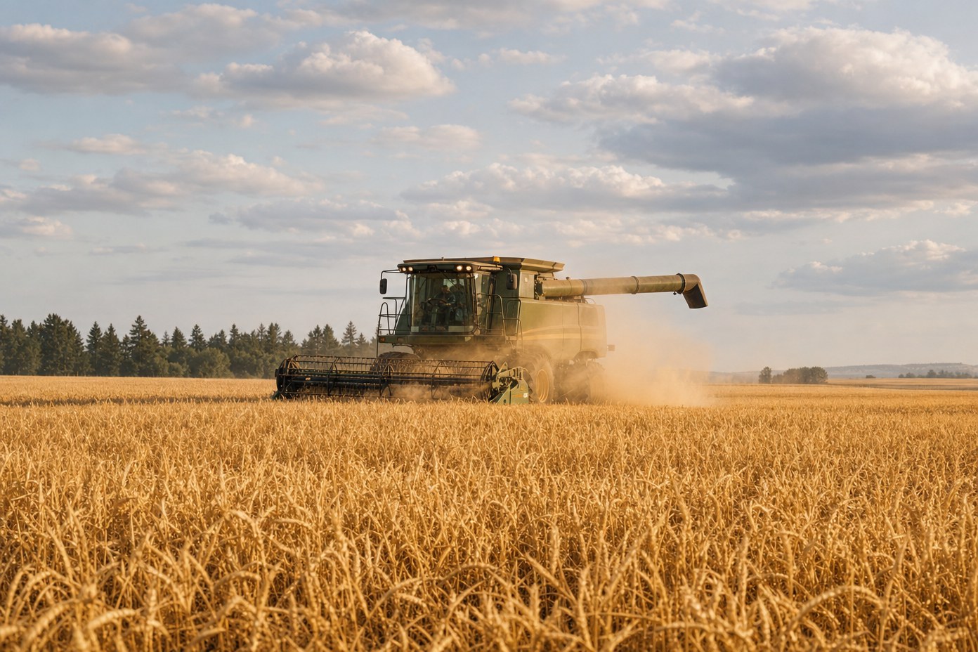 A combine harvester in a grain field A combine harvester in a grain field
