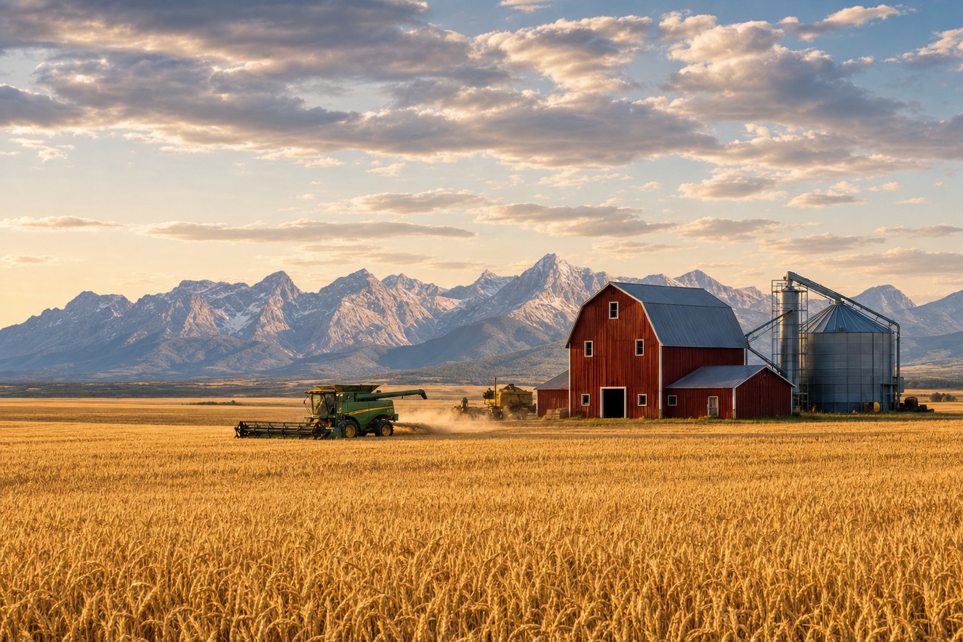Farm buildings with mountains in the distance Farm buildings with mountains in the distance