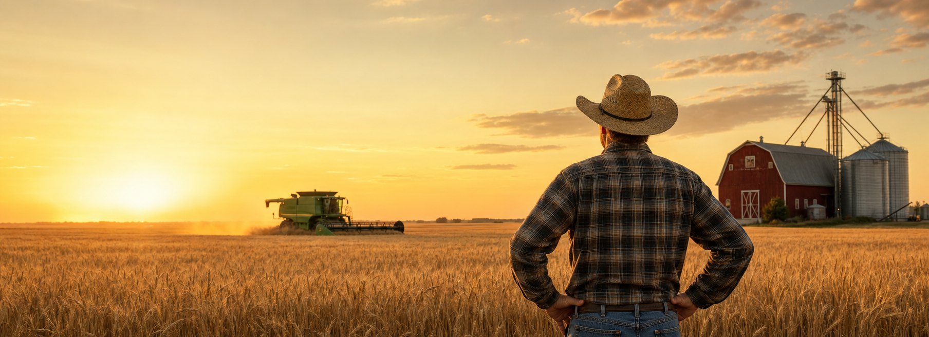 An Alberta farmer in a plaid shirt and cowboy hat looks out over a golden wheat field with a combine, red barn and grain silos at sunset An Alberta farmer in a plaid shirt and cowboy hat looks out over a golden wheat field with a combine, red barn and grain silos at sunset