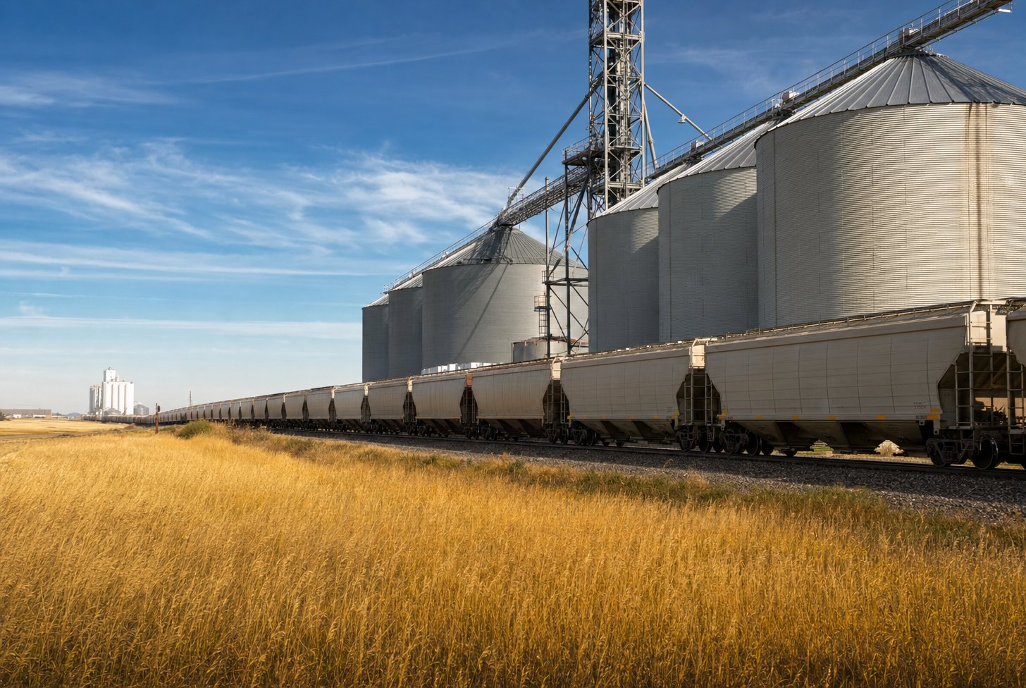 Grain storage silos beside a train of grain hopper rail cars on the prairie Grain storage silos beside a train of grain hopper rail cars on the prairie