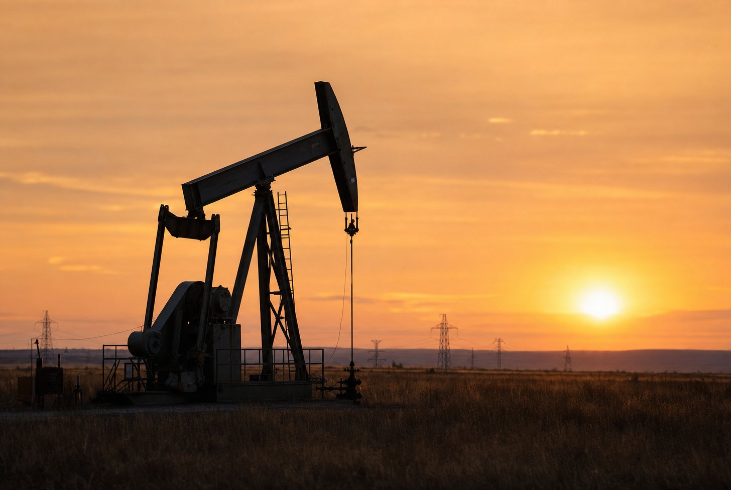 An oil pump jack silhouetted against an orange prairie sunset An oil pump jack silhouetted against an orange prairie sunset