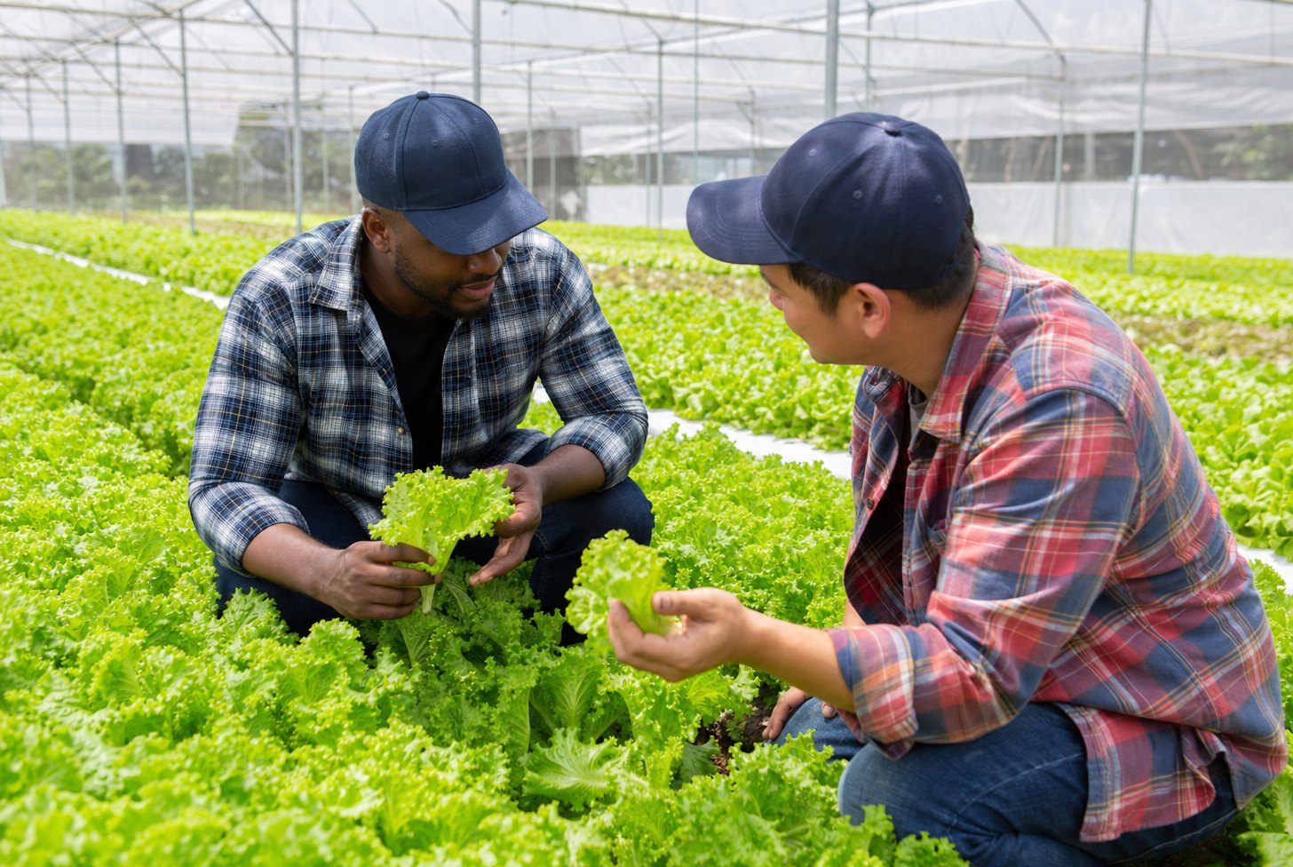 Two farm workers in caps inspecting rows of leafy green crops together Two farm workers in caps inspecting rows of leafy green crops together