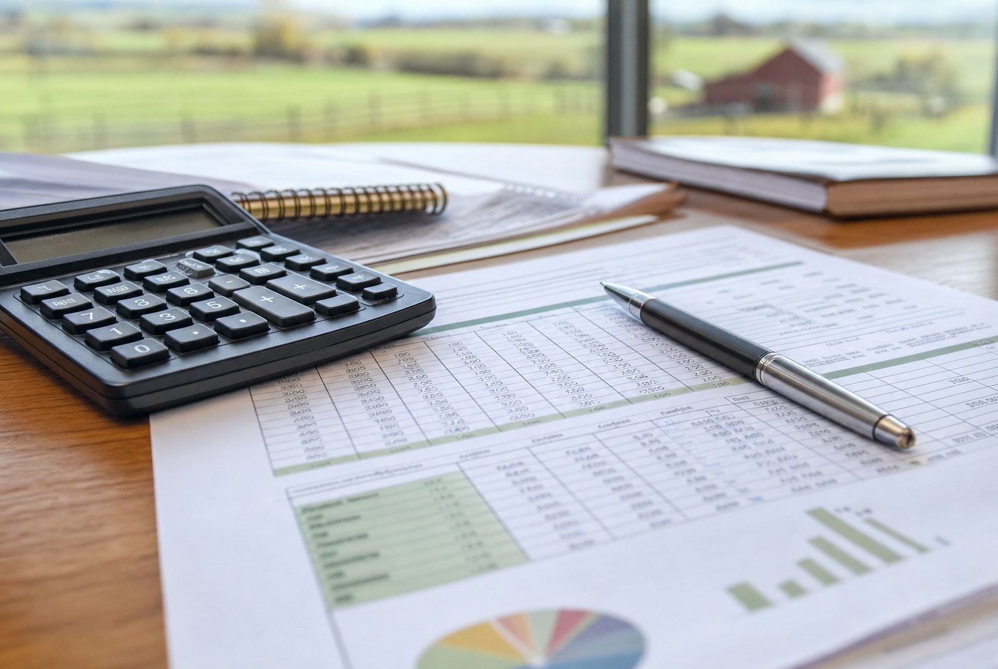 A calculator and pen on printed farm budget spreadsheets A calculator and pen on printed farm budget spreadsheets